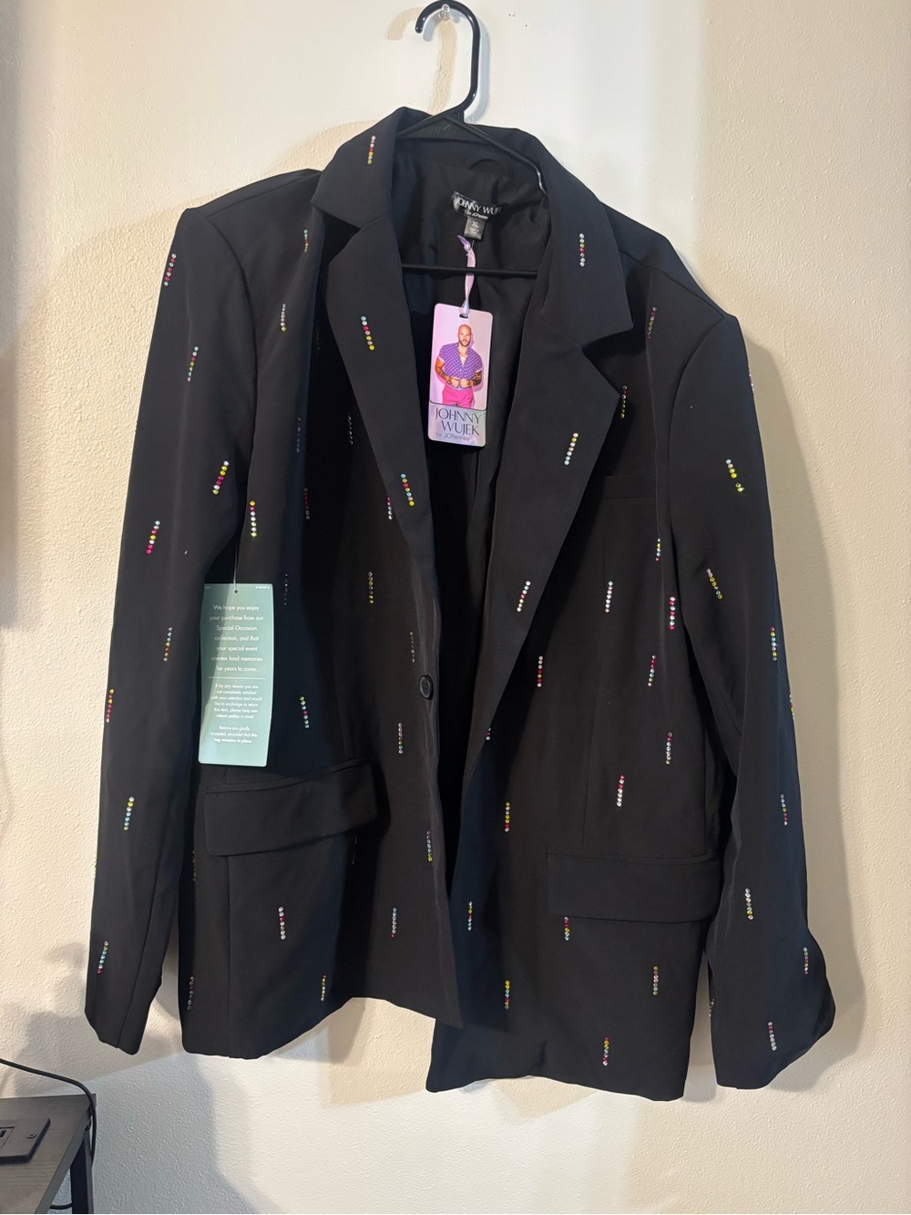 JOHNNY WUJEK BRAND NEW $189 Black Embellished Women's Blazer with colorful gems
